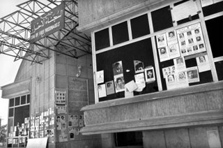 A photo showing cement buildings in Iraq, with photos of missing persons posted on the windows and outside walls of the buildings.