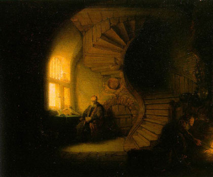 Philosopher in Meditation, oil on wood by Rembrandt.