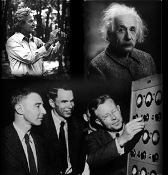 Collage of Feynman, Einstein, Oppenheimer, Lawrence, and Seaborg. (Clockwise from top left.)