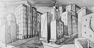 A black and white pencil drawing of a deserted street.