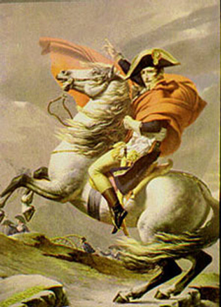 Painting of Napoleon on a rearing horse.