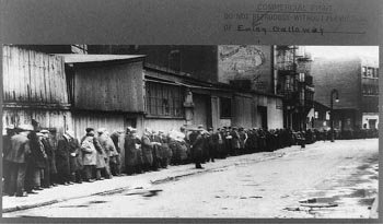 Breadline at McCauley Water Street Mission under Brooklyn Bridge, New York.