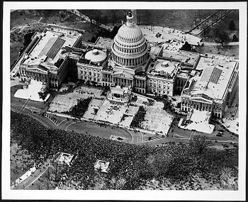 Aerial view of U.S. Capitol and crowd on the grounds of the east front of the U.S. Capitol, during the inauguration of Franklin Delano Roosevelt, March 4, 1933.
