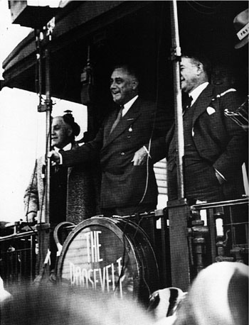 Franklin D. Roosevelt delivers a speech in New Albany, IN, during the 1932 Presidential campaign.