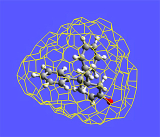 A graphic presenting a computer-generated image of a molecule reacting inside a cavity made up of nonreactive gas atoms. 