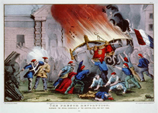 A painting of the French Revolution featuring the burning of the royal carriages.