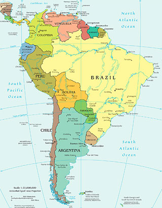 A color map of South America.