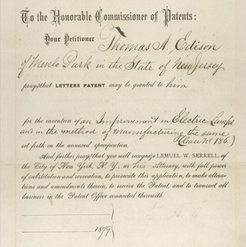 Thomas Edison's patent application from 1879. 