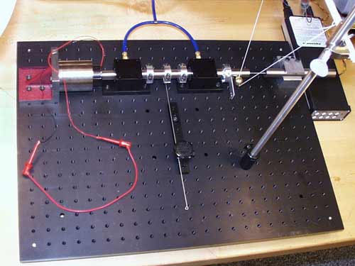 Figure 1. The second order system with voice-coil, air bearings, adjustable spring, shaft mass, and LVDT sensor