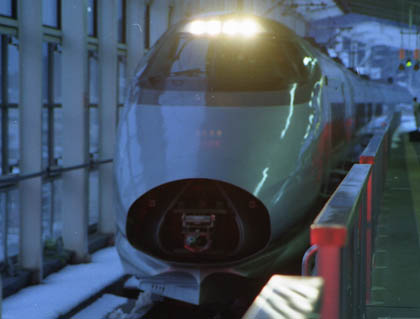 Photo of East Japan Railway Company Shinkansen train arriving at platform.