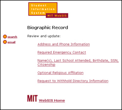 Biographic records page, accessed from main student webSIS page.