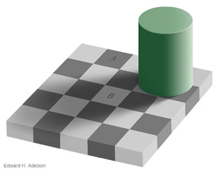 The checkerboard illusion, illustrating simultaneous contrast.