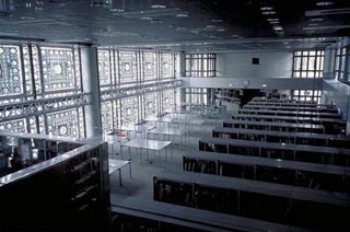 An interior photograph of the Institut du Monde Arabe.