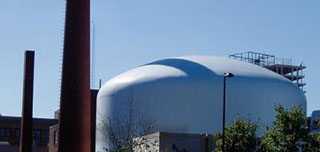 MIT's nuclear reactor, a smooth white dome with two spires.