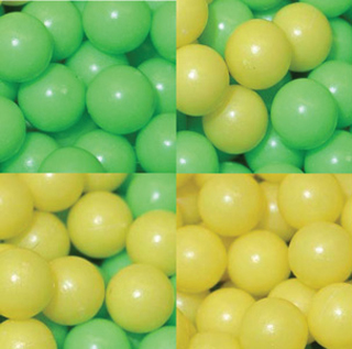 A photo collage of yellow and green pellets used in the class simulations.