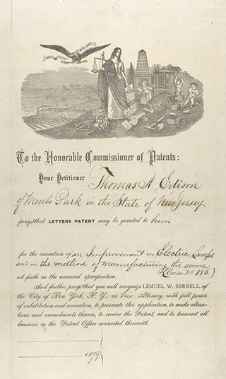 A photograph of Thomas A. Edison's patent application for the incandescent lighbulb.