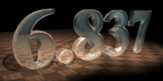 A 3-D model of the number 6.837 with clear glass numerals on a wood checkerboard pattern..