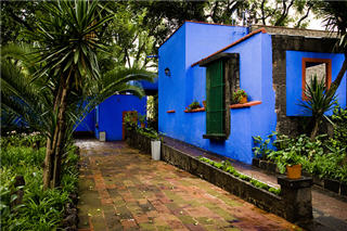Photo of a vivid blue house with a brick walkway and many green plants and trees.