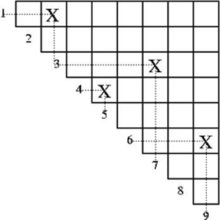 A black and white diagram representing the set partitions and rook placements.